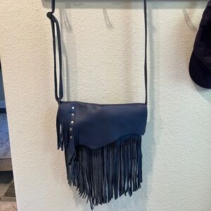 Handmade Blue Leather Fringe Crossbody Handbag